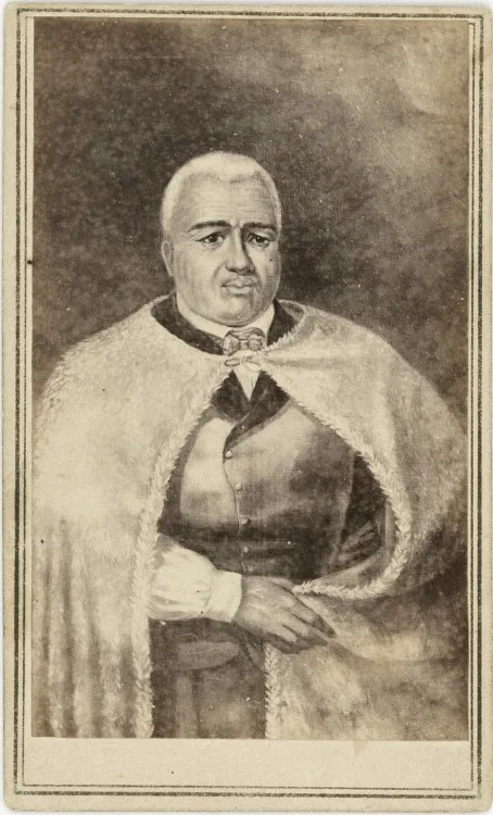 A historical reproduction of a painted portrait of Kamehameha I.