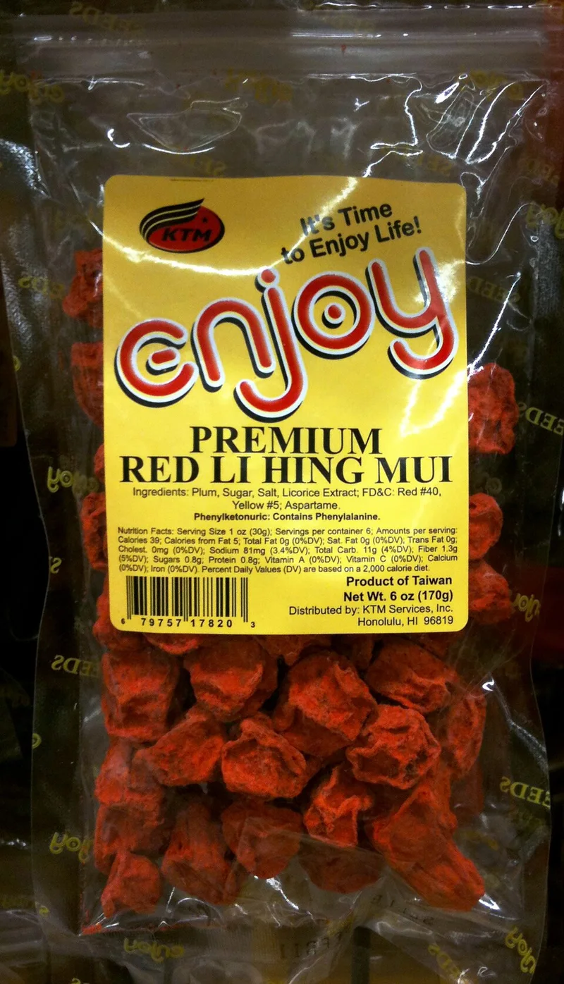A packet of red li hing mui preserved plums.